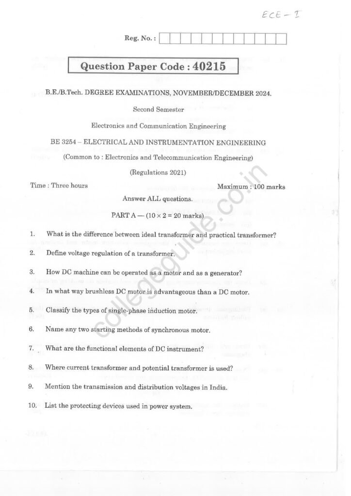 BE3254 Electrical and Instrumentation Engineering R2021 Anna University Question Paper November/December 2024