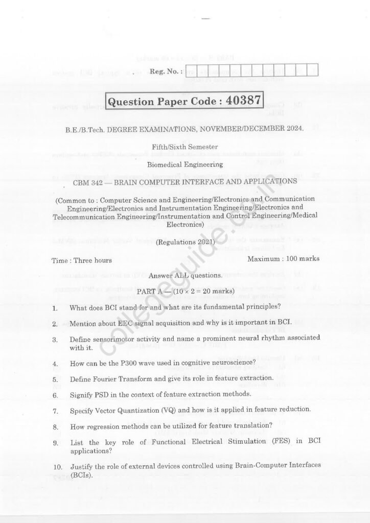 CBM342 Brain Computer Interface and Applications R2021 Anna University Question Paper November/December 2024