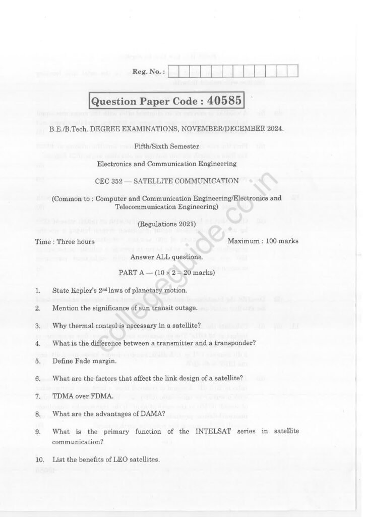 CEC352 Satellite Communication R2021 Anna University Question Paper November/December 2024