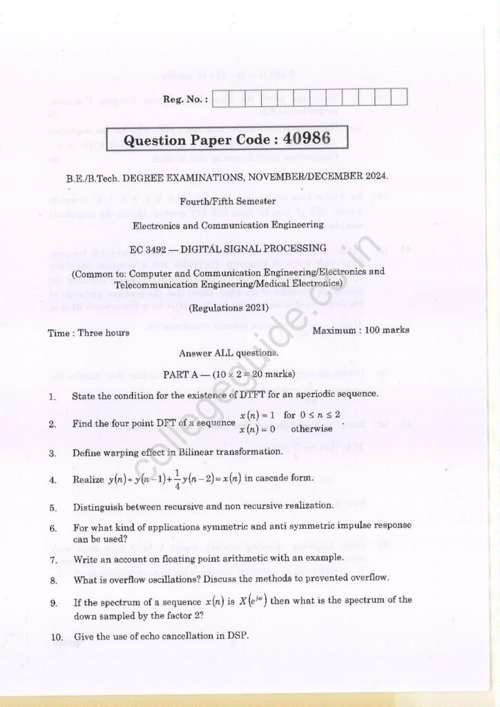 EC3492 Digital Signal Processing R2021 Anna University Question Paper November/December 2024