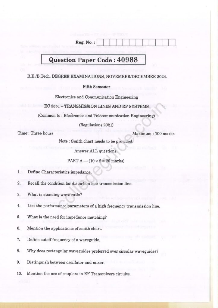 EC3551 Transmission Lines and RF Systems R2021 Anna University Question Paper November/December 2024
