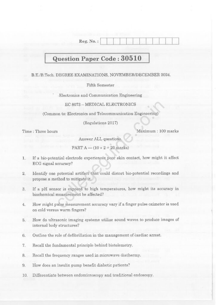 EC8073 Medical Electronics R2017 Anna University Question Paper November/December 2024
