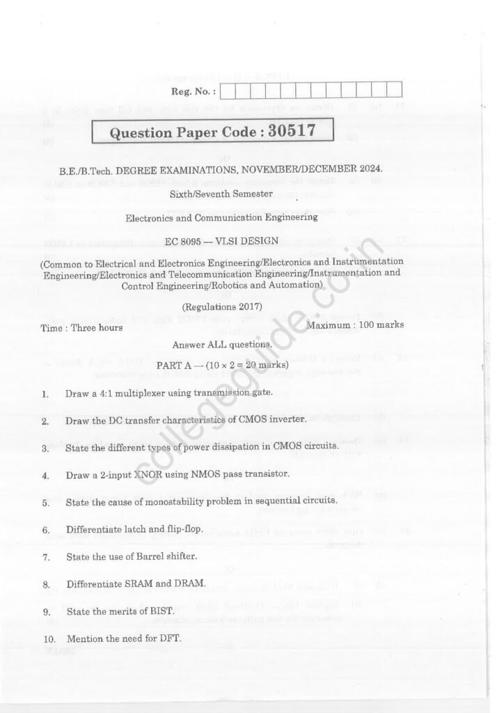 EC8095 VLSI Design R2017 Anna University Question Paper November/December 2024