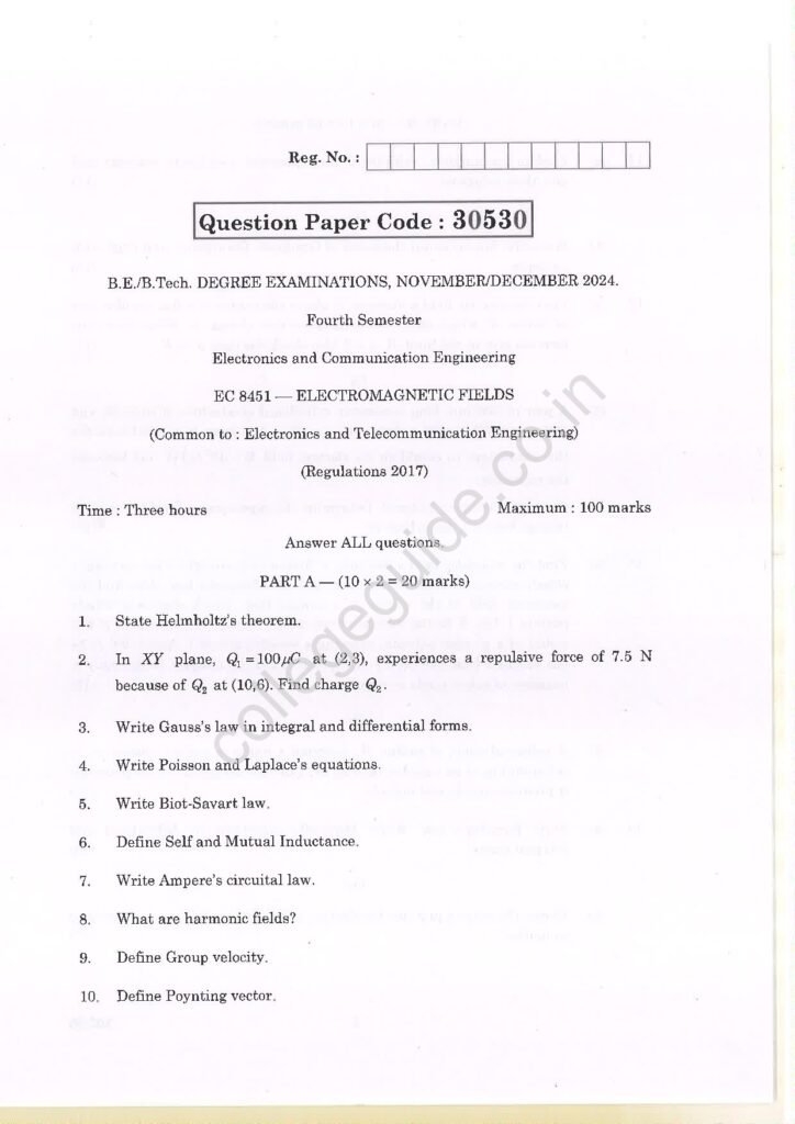 EC8451 Electromagnetic Fields R2017 Anna University Question Paper November/December 2024