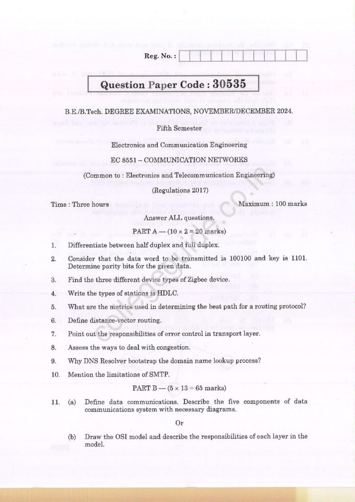 EC8551 Communication Networks R2017 Anna University Question Paper November/December 2024