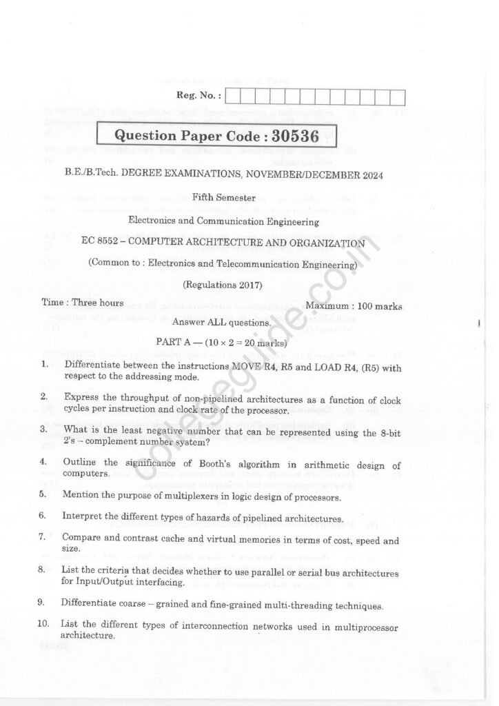 EC8552 Computer Architecture and Organization R2017 Anna University Question Paper November/December 2024