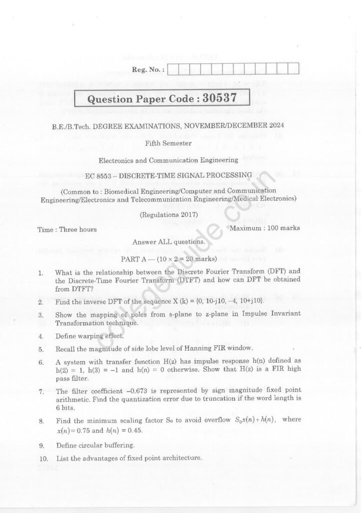 EC8553 Discrete-Time Signal Processing R2017 Anna University Question Paper November/December 2024