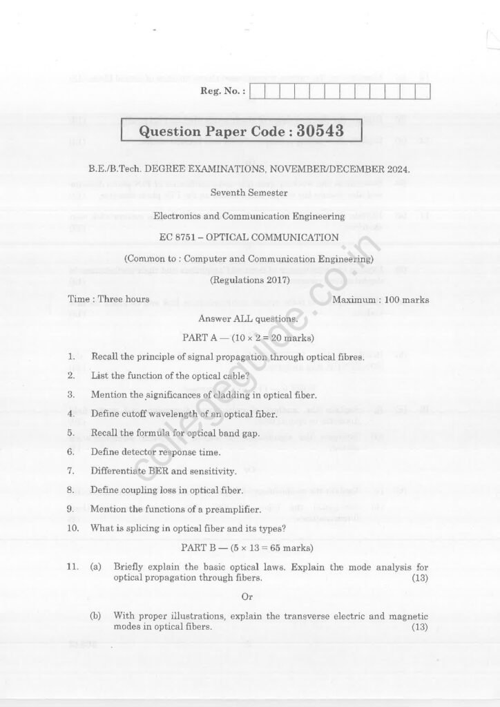 EC8751 Optical Communication R2017 Anna University Question Paper November/December 2024
