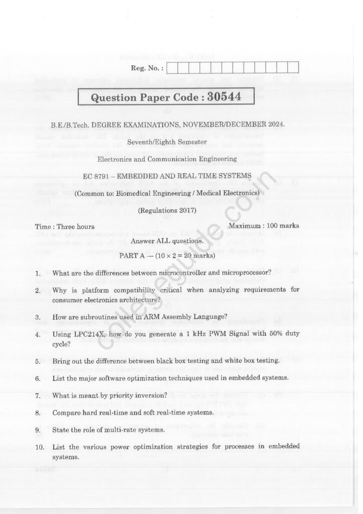 EC8791 Embedded and Real Time Systems R2017 Anna University Question Paper November/December 2024