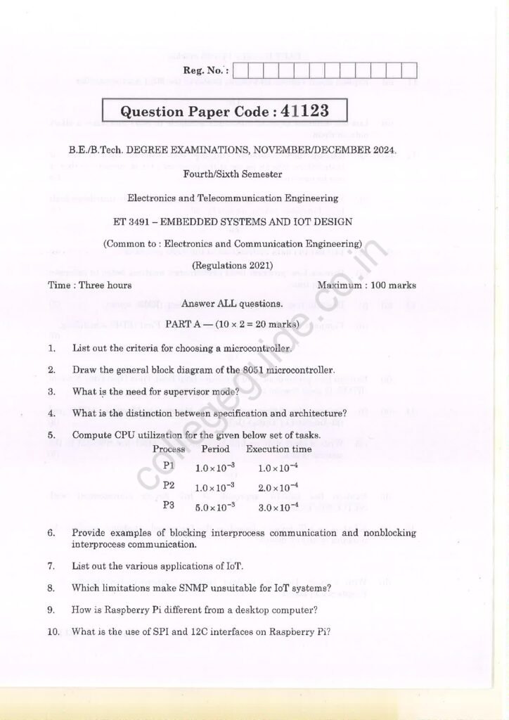 ET3491 Embedded Systems and IOT Design R2021 Anna University Question Paper November/December 2024