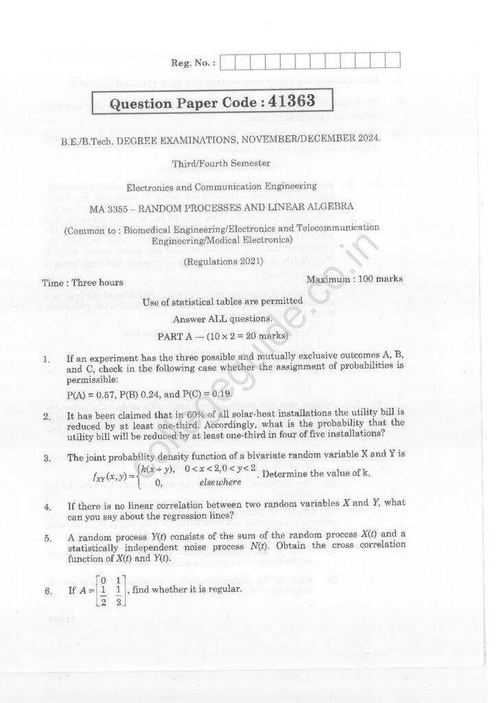MA3355 Random Processes and Linear Algebra R2021 Anna University Question Paper November/December 2024