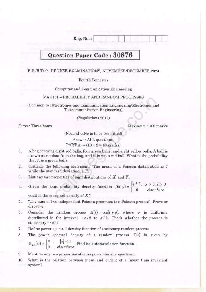 MA8451 Probability and Random Processes R2017 Anna University Question Paper November/December 2024