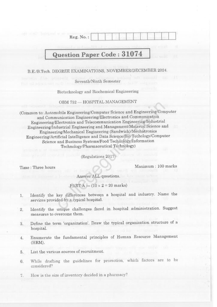 OBM752 Hospital Management R2017 Anna University Question Paper November/December 2024