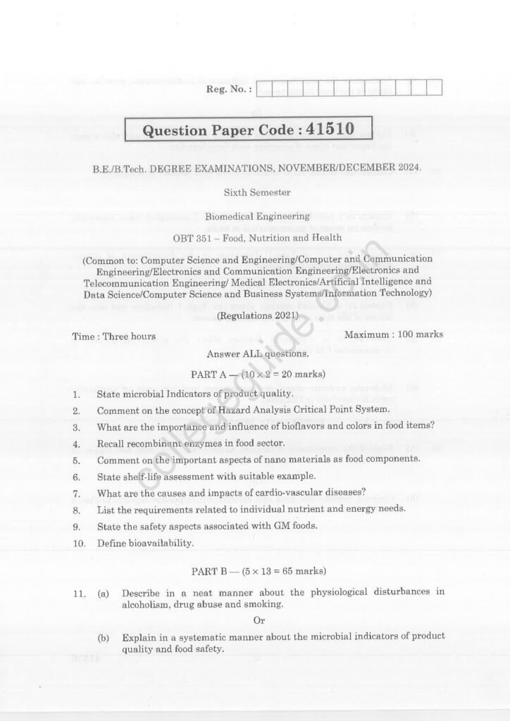OBT351 Food, Nutrition and Health R2021 Anna University Question Paper November/December 2024