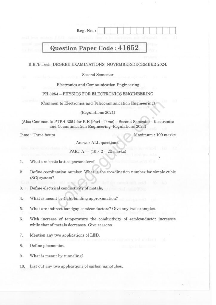 PH3254 Physics for Electronics Engineering R2021 Anna University Question Paper November/December 2024