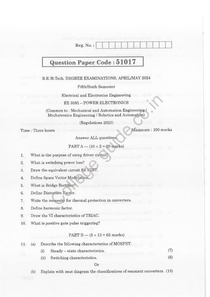 ee3591 power electronics Anna University Question Paper April/May 2024