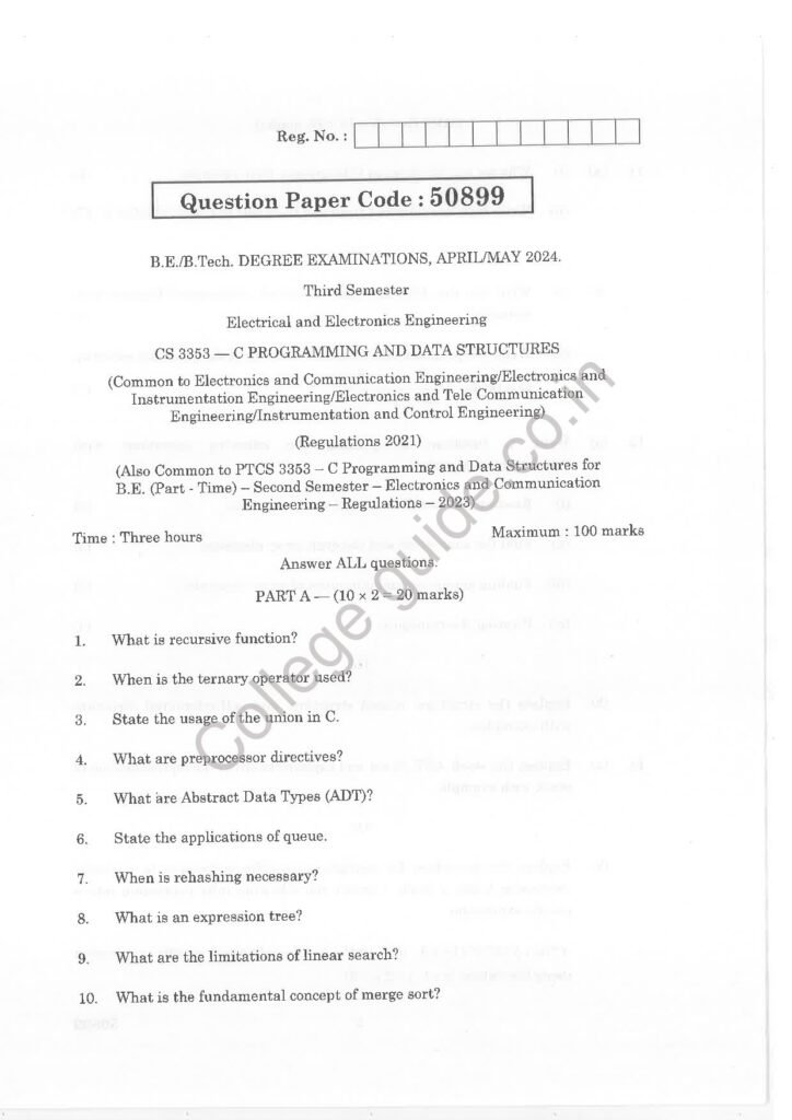 CS 3353-C programming and data Structures R2021 Anna University Question Paper April /MAY 2024