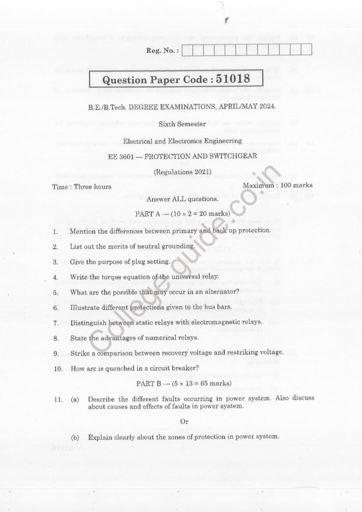 EE3601 protection and switchgear R2021 Anna University Question Paper April/May 2024