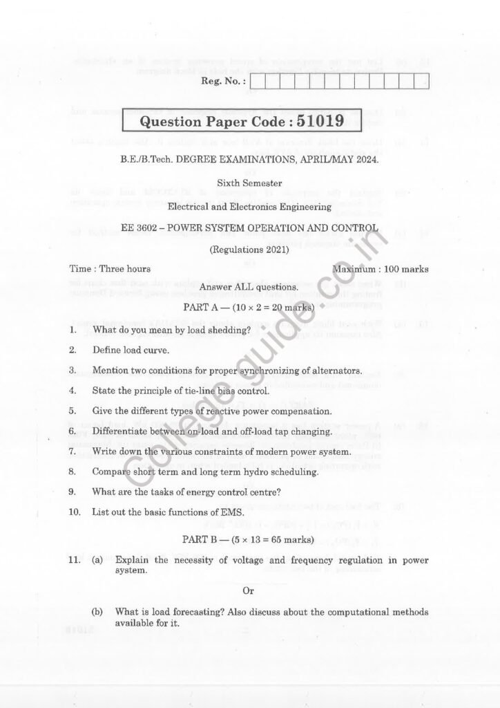 EE 3602 Power System Operation and Control R2021 Anna University Question Paper April/May 2024