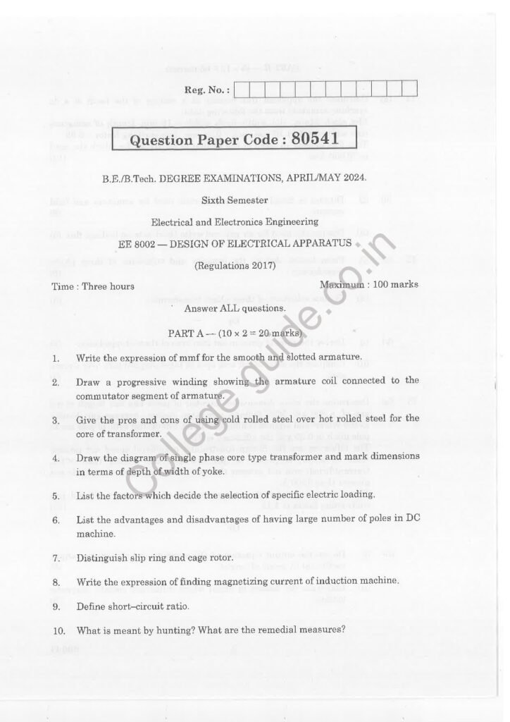 EE 8002 design of electrical apparatus R2021 Anna University Question Paper April/May 2024