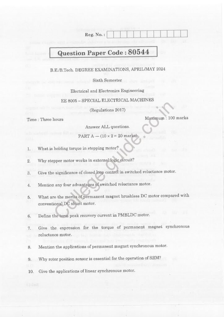 ee8005 special electrical machines R2021 Anna University Question Paper April/May 2024