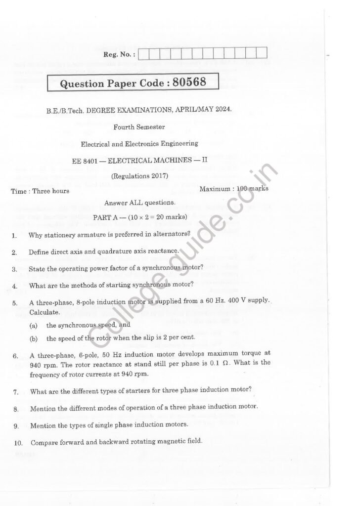 EE8401 Electrical Machines II R2017 Anna University Question Paper April/May 2024