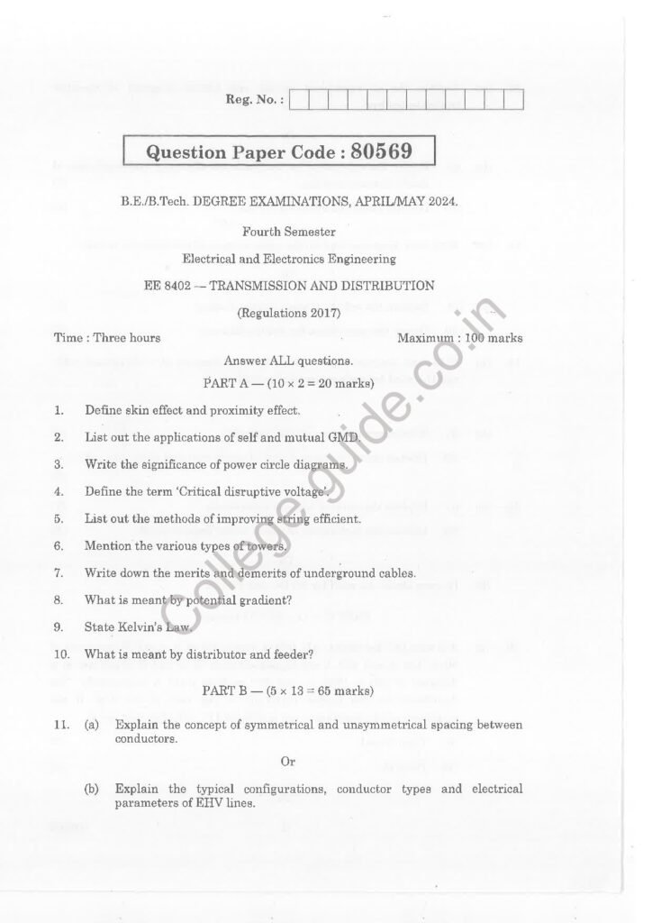 Transmission and Distribution (EE8402) R2017 Anna University Question Paper April/May 2024