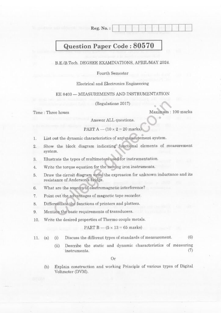EE8403 – Measurements and Instrumentation R 2017 Anna University Question Paper April/May 2024