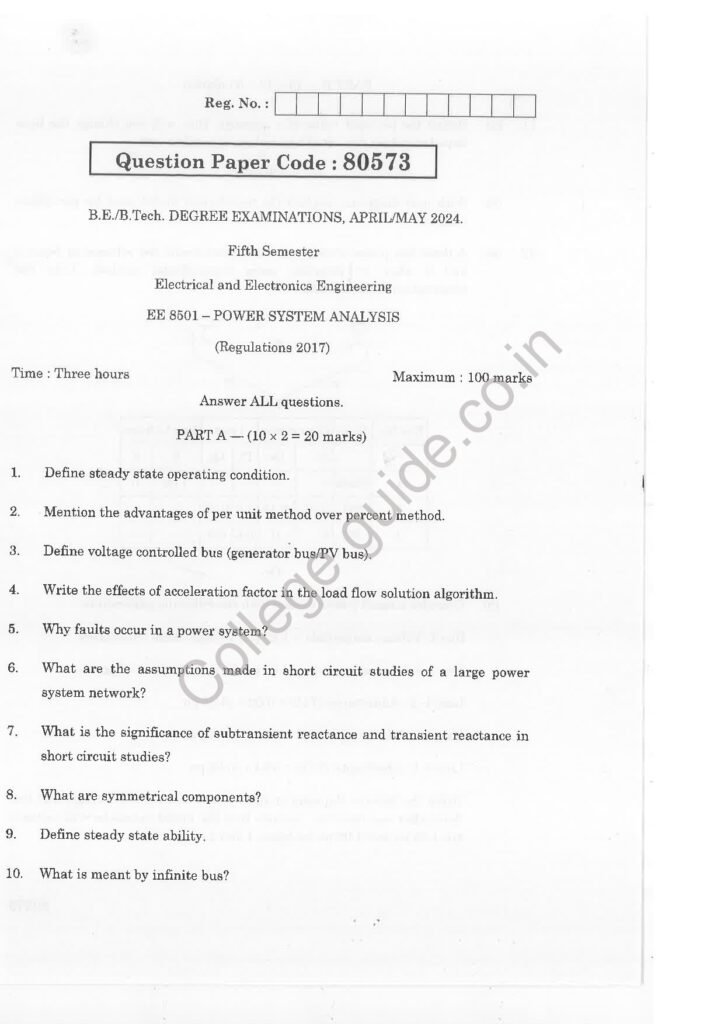 EE 8501 power system analysis R2017 Anna University Question Paper April/May 2024