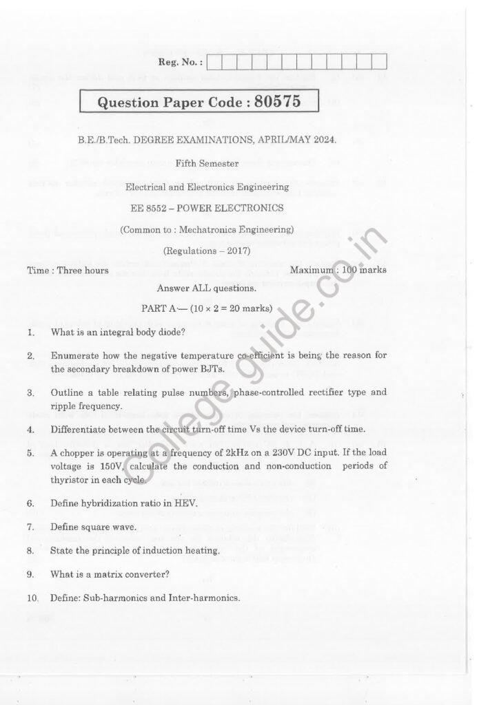ee8552 power electronics R2017 Anna University Question Paper April/May 2024
