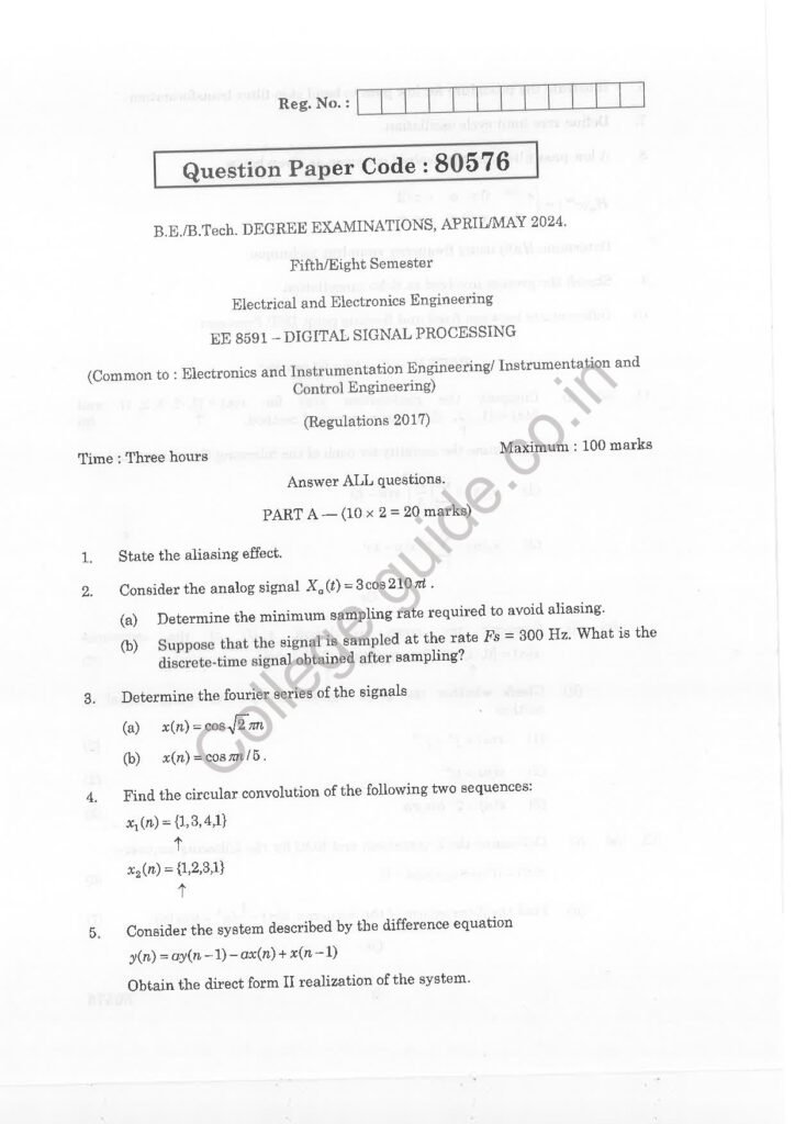ee8591 digital signal processingR2017 Anna University Question Paper April/May 2024