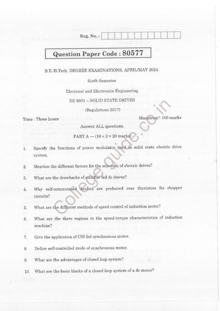 EE8601 – Solid State Drives R2017 Anna University Question Paper April/May 2024