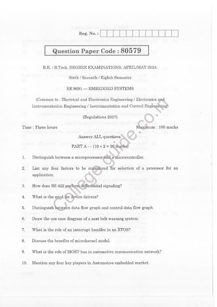 ee8691 embedded systems R2017 Anna University Question Paper April/May 2024