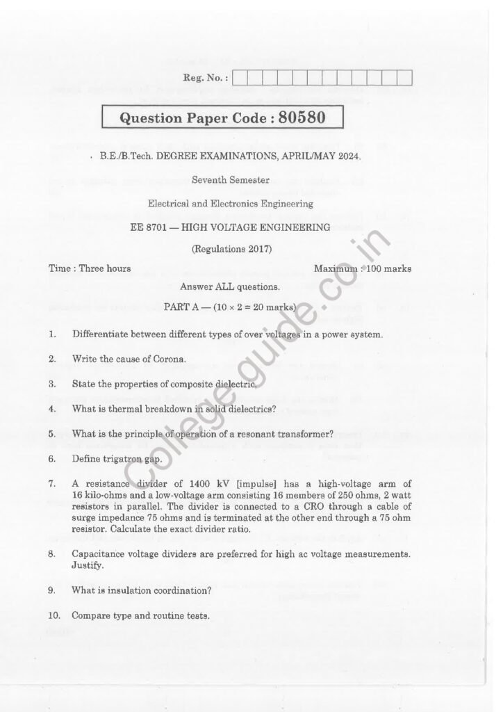 EE8701 – High Voltage Engineering R2017 Anna University Question Paper April/May 2024