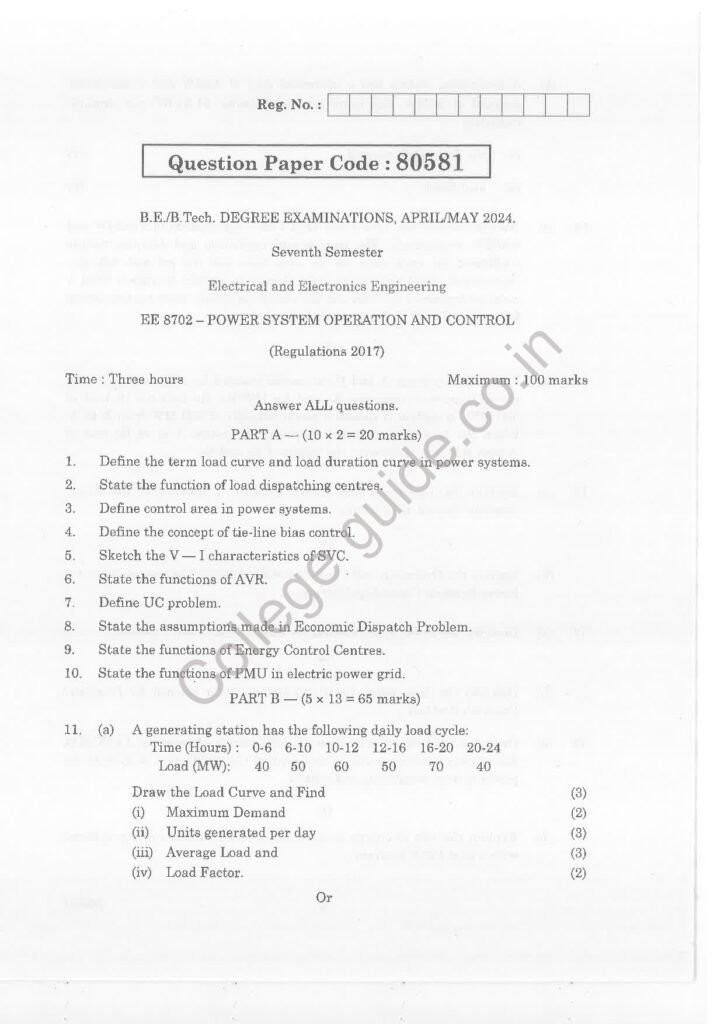 EE8702 – Power System Operation and Control R2017 Anna University Question Paper April/May 2024