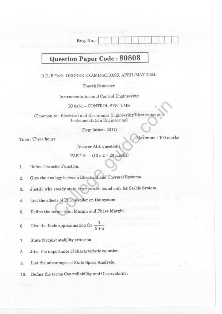 IC 8451 control system R2017 Anna University Question Paper April/May 2024
