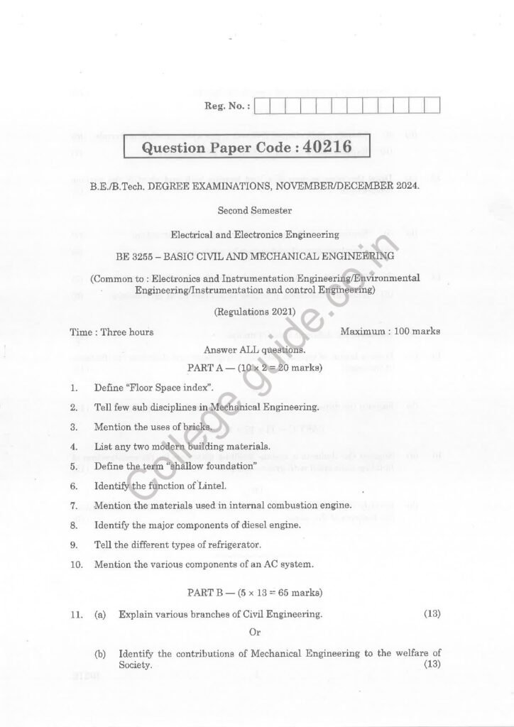 BE3255 – Basic Civil and Mechanical Engineering R2021 Anna University Question Paper April/May 2024