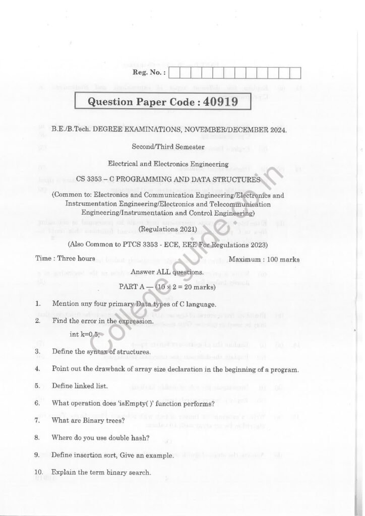 C Programming and Data Structures R2021 Anna University Question Paper November/December 2024