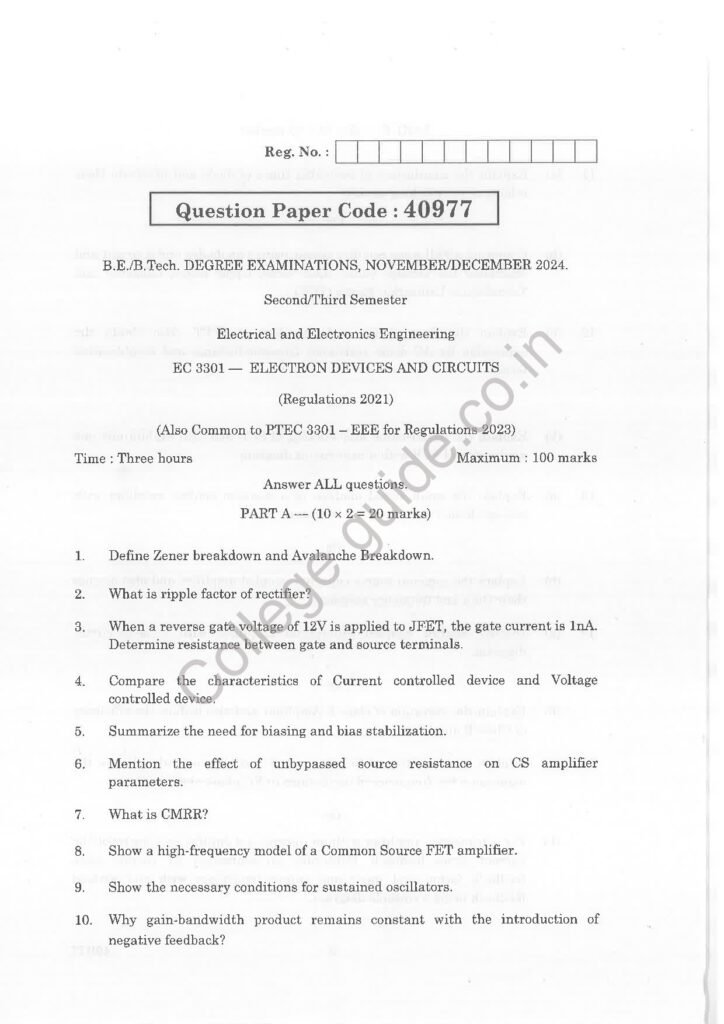 EC3301 Electron Devices and Circuits R2021 Anna University Question Paper November/December 2024