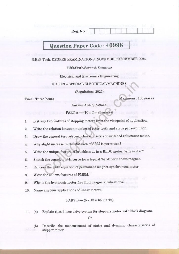 EE3009 Special Electrical Machines R2021 Anna University Question Paper November/December 2024