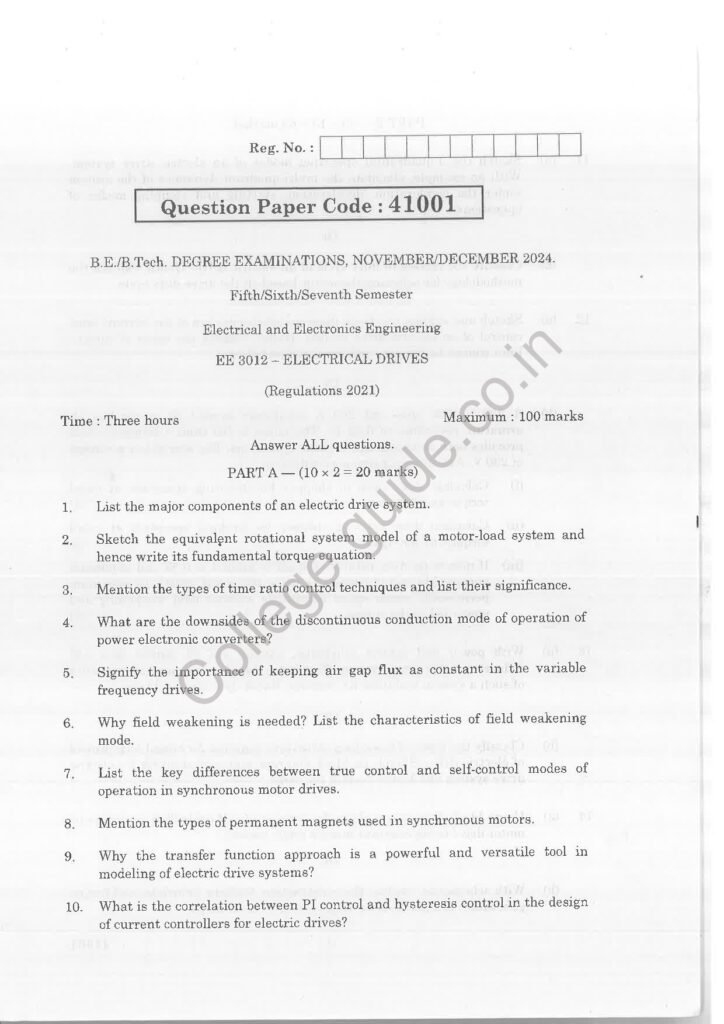 EE3012 Electrical Drives R2021 Anna University Question Paper November/December 2024
