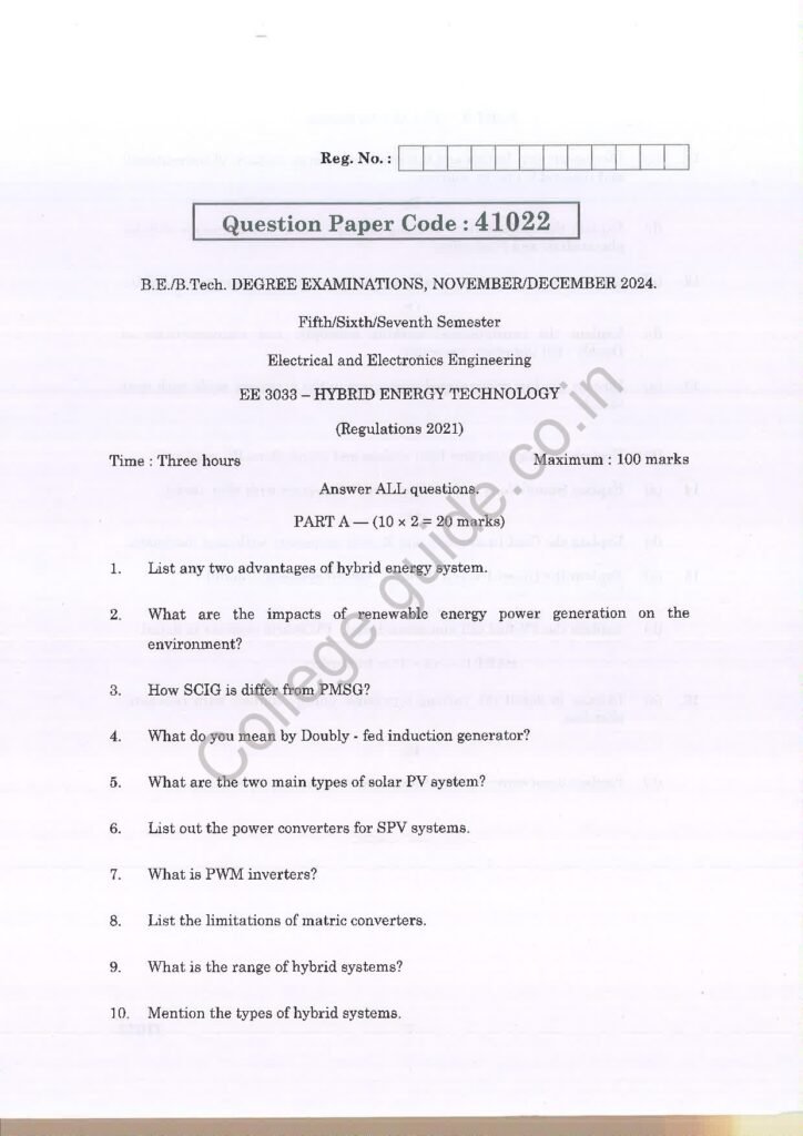 EE3033 Hybrid Energy Technology R2021 Anna University Question Paper November/December 2024