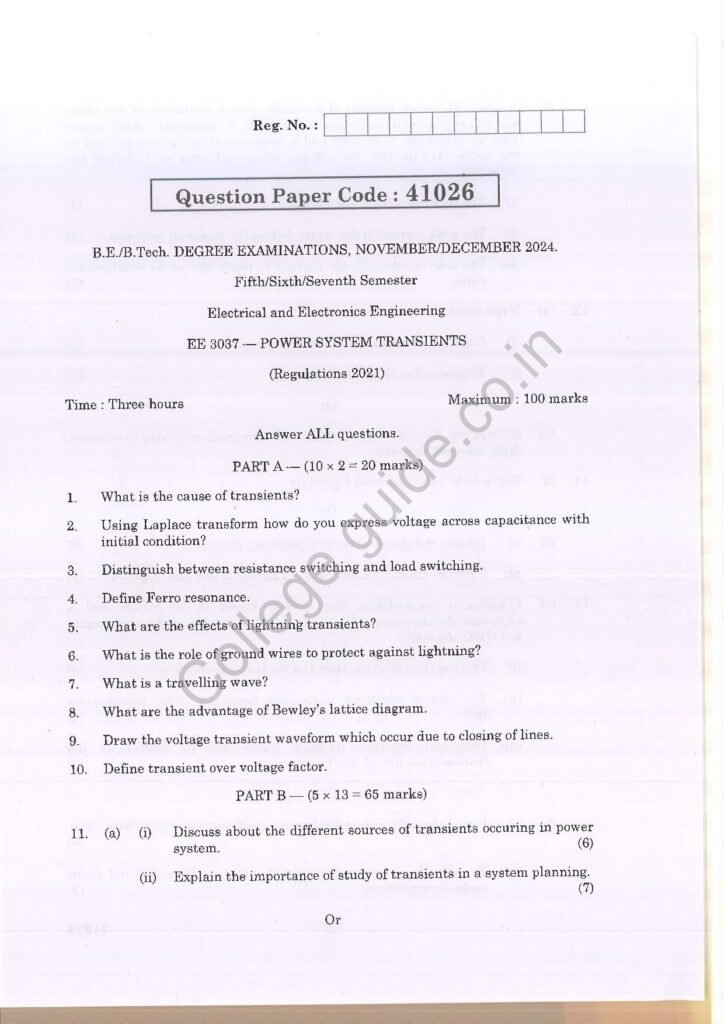 EE3037 Power System Transients R2021 Anna University Question Paper November/December 2024