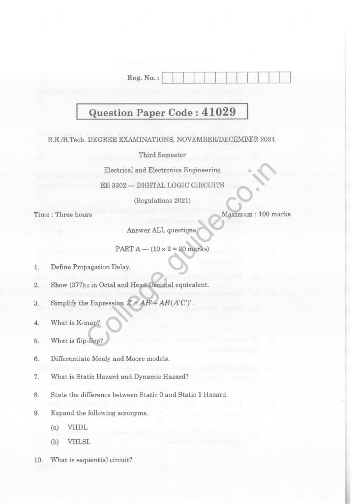 EE3302 – Digital Logic Circuits R2021 Anna University Question Paper November/December 2024