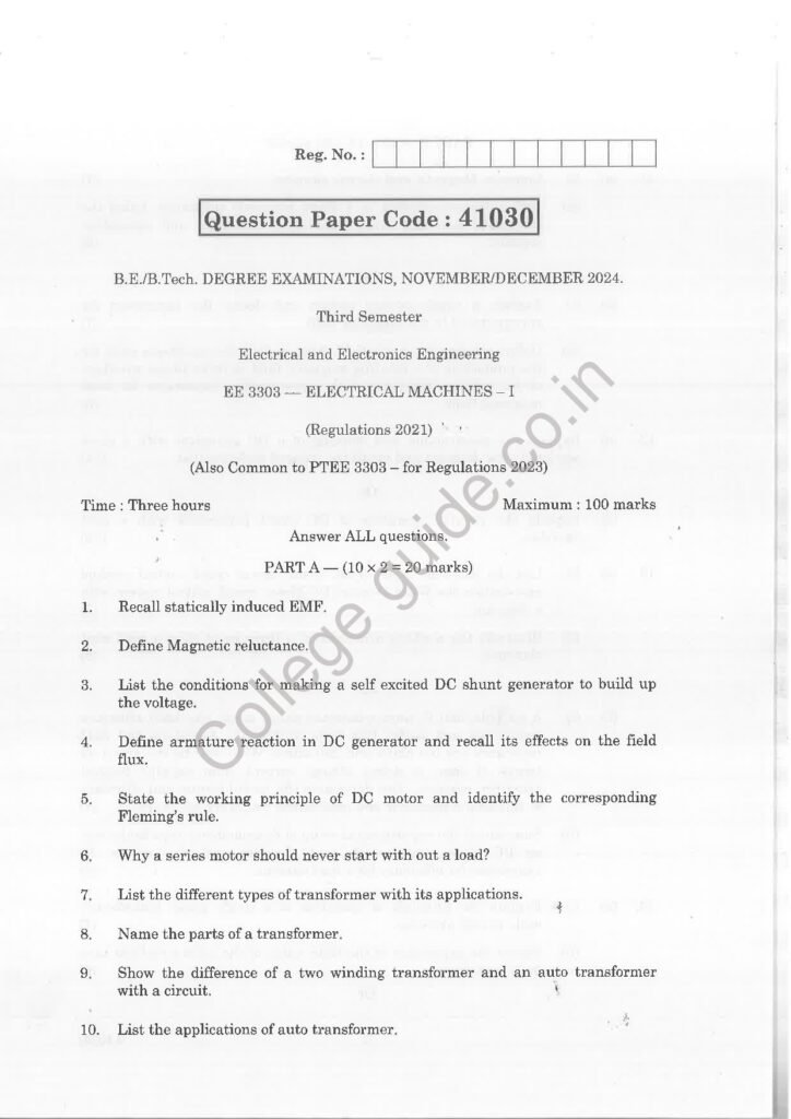 EE3303 Electrical Machines – I R2021 Anna University Question Paper November/December 2024