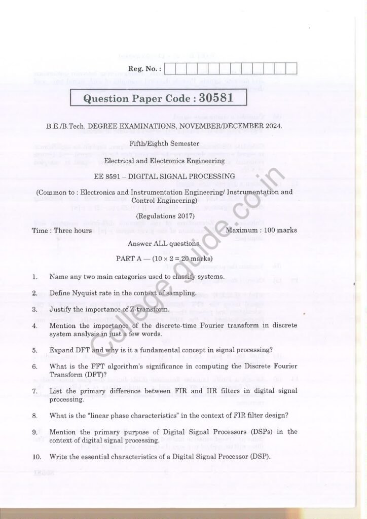 EE8591 – Digital Signal Processing R2017 Anna University Question Paper November/December 2024