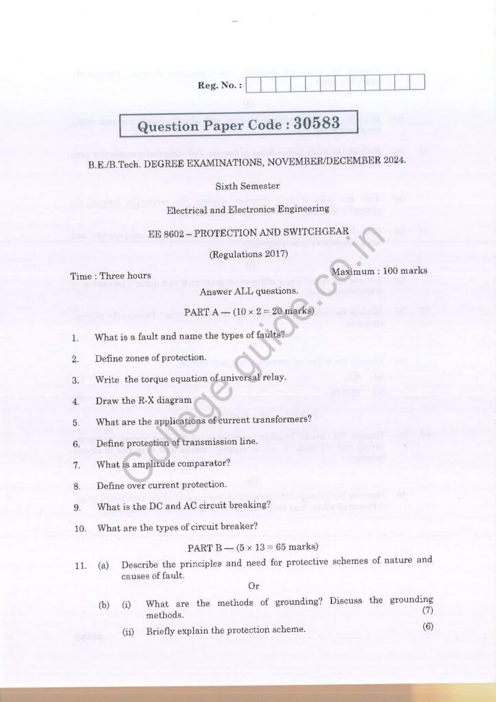 EE8602 Protection and Switchgear R2017 Anna University Question Paper November/December 2024