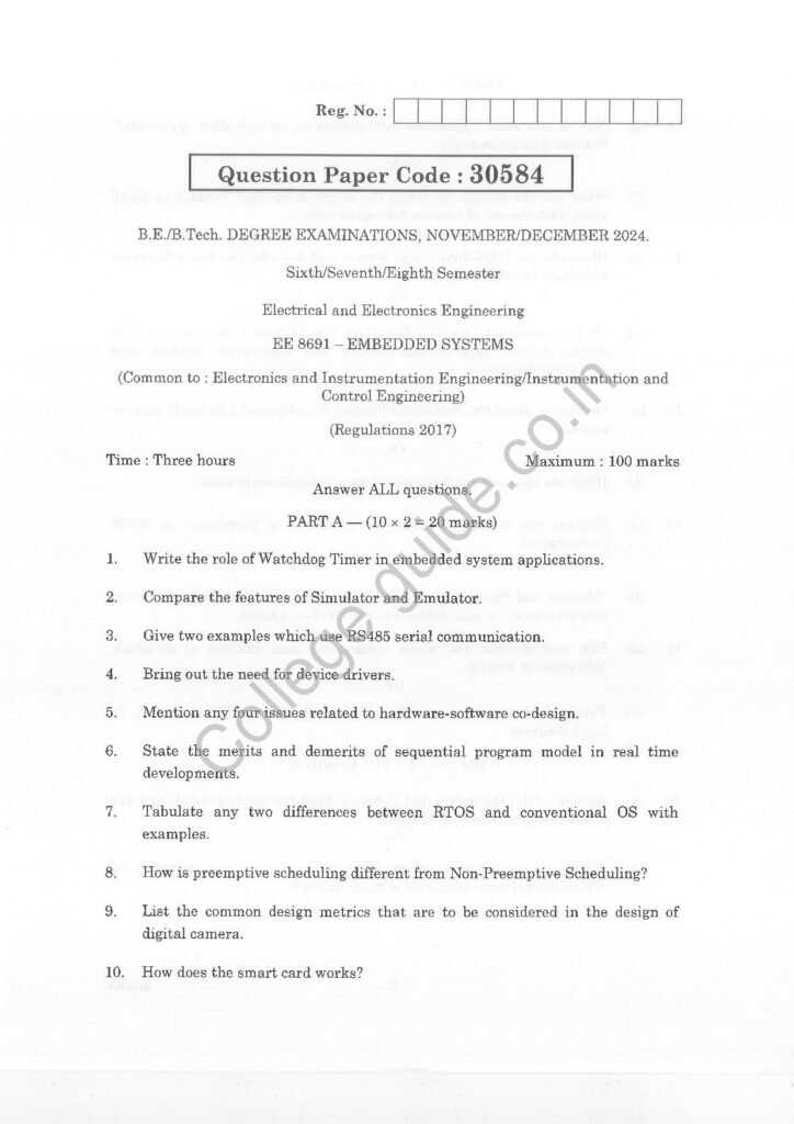 EE8691 – Embedded Systems R2017 Anna University Question Paper November/December 2024