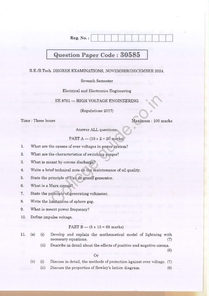 EE8701 – High Voltage Engineering R2017 Anna University Question Paper November/December 2024