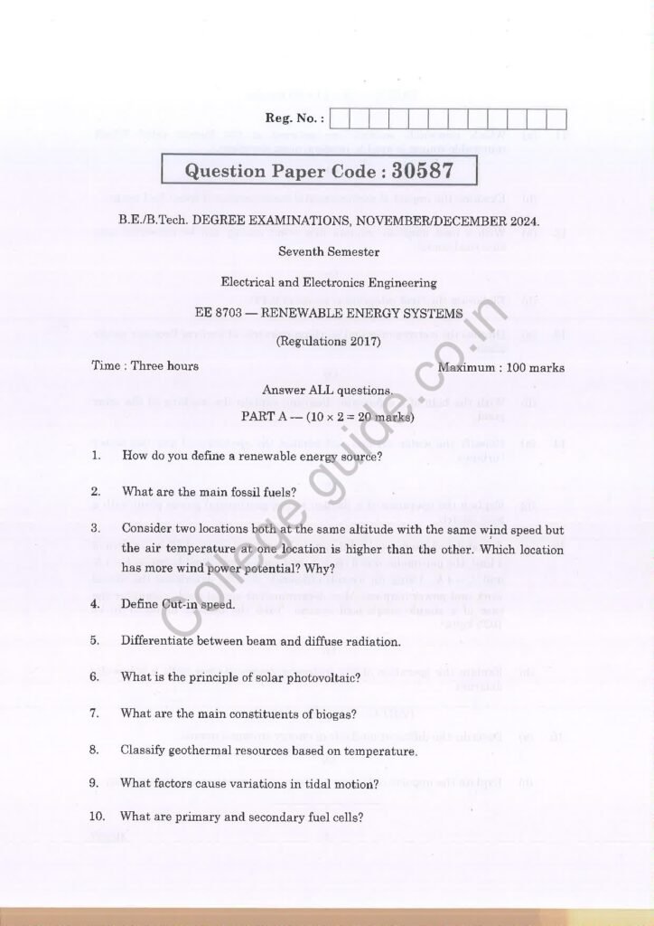 EE8703 – Renewable Energy Systems R2017 Anna University Question Paper November/December 2024